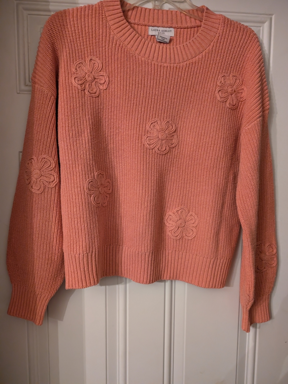 Laura Ashley Dusty Coral Floral Applique Ribbed Crewneck Sweater